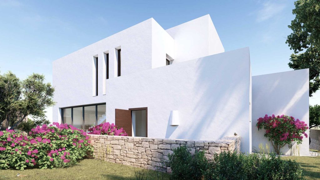 05-UNIFAMILIAR-LUJO-REBEL-CAPYBARA Render exterior de acceso a lavadero en vivienda estilo ibicenco. Por Rebel Capybara Studio.