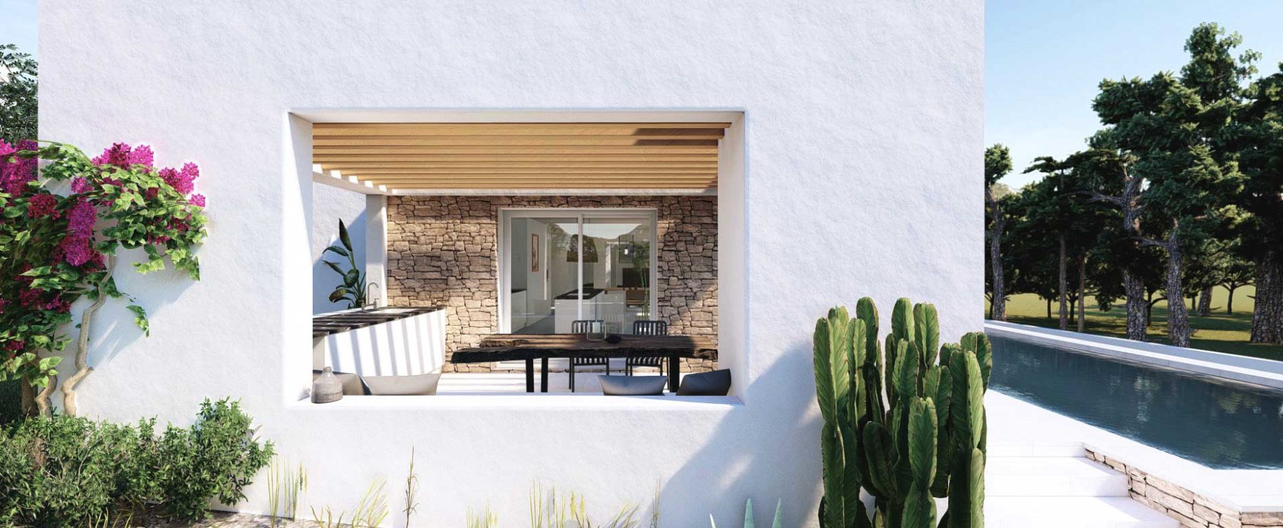 Render exterior de cenador en vivienda unifamiliar estilo ibicenco con pergolas y muros de piedra. Por Rebel Capybara Studio.