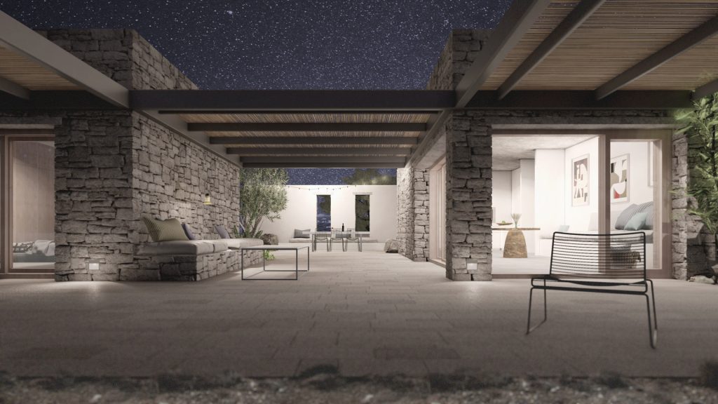 05-VILLA-GRIEGA-REBEL-CAPYBARA Render exterior de gran terraza en villa moderna griega, con suelo de piedra abujardado y pergolas de aluminio. Por Rebel Capybara Studio.