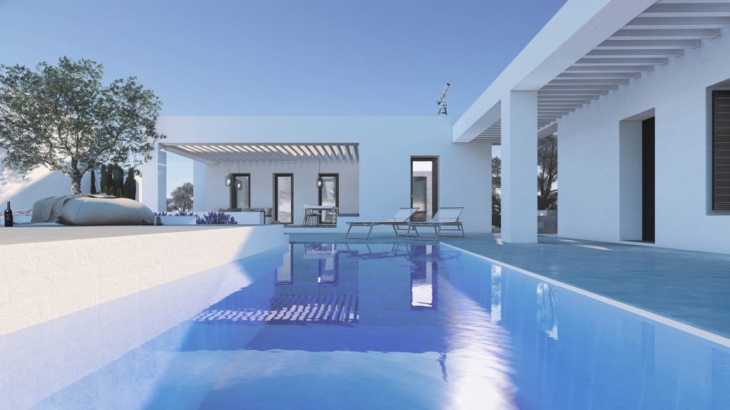 05-VILLA-MEDITERRANEA-REBEL-CAPYBARA Render exterior de terraza en casa griega blanca, con pérgola y piscina. Por Rebel Capybara Studio.