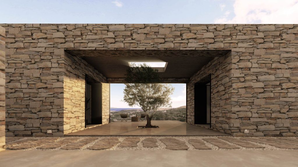 05-VILLA-PIEDRA-REBEL-CAPYBARA Render exterior de patio en villa griega con olivo en medio. Por Rebel Capybara Studio.