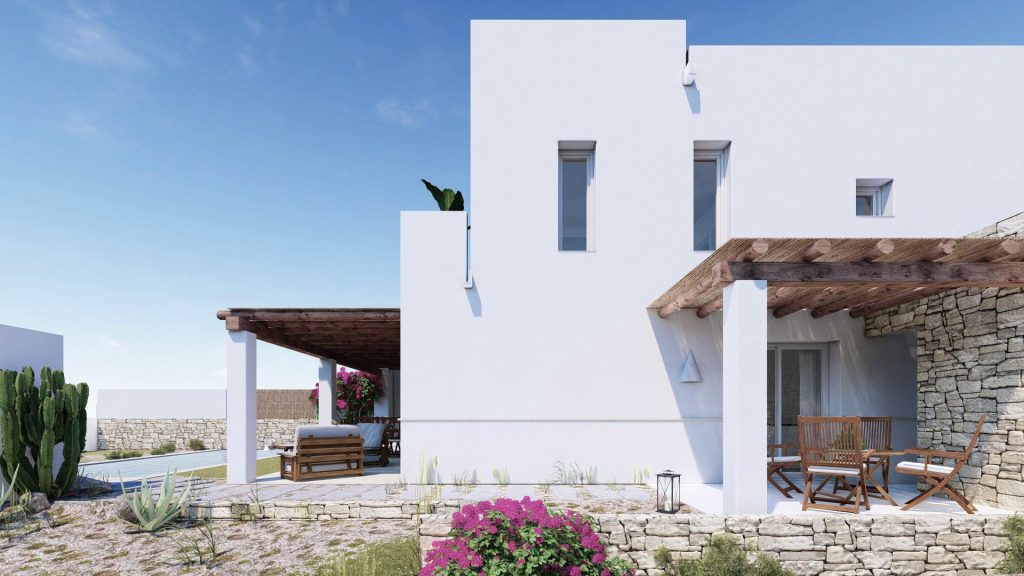 05-VIVIENDA-UNIFAMILIAR-REBEL-CAPYBARA Render exterior para promoción inmobiliaria de vivienda estilo ibicenco con piscina. Por Rebel Capybara Studio.