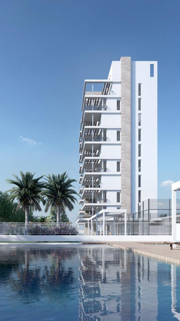 05-VIVIENDA-VACACIONAL-REBEL-CAPYBARA-RESP Renderizado 3D exterior de un edificio de apartamentos vacacional con piscina y palmeras. Por Rebel Capybara Studio.