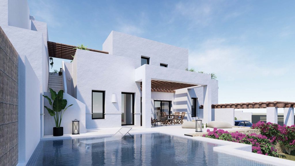 06-PAREADO-MEDITERRANEO-REBEL-CAPYBARA Render exterior de piscina en vivienda estilo ibicenco con piscina y muros de piedra. Por Rebel Capybara Studio.