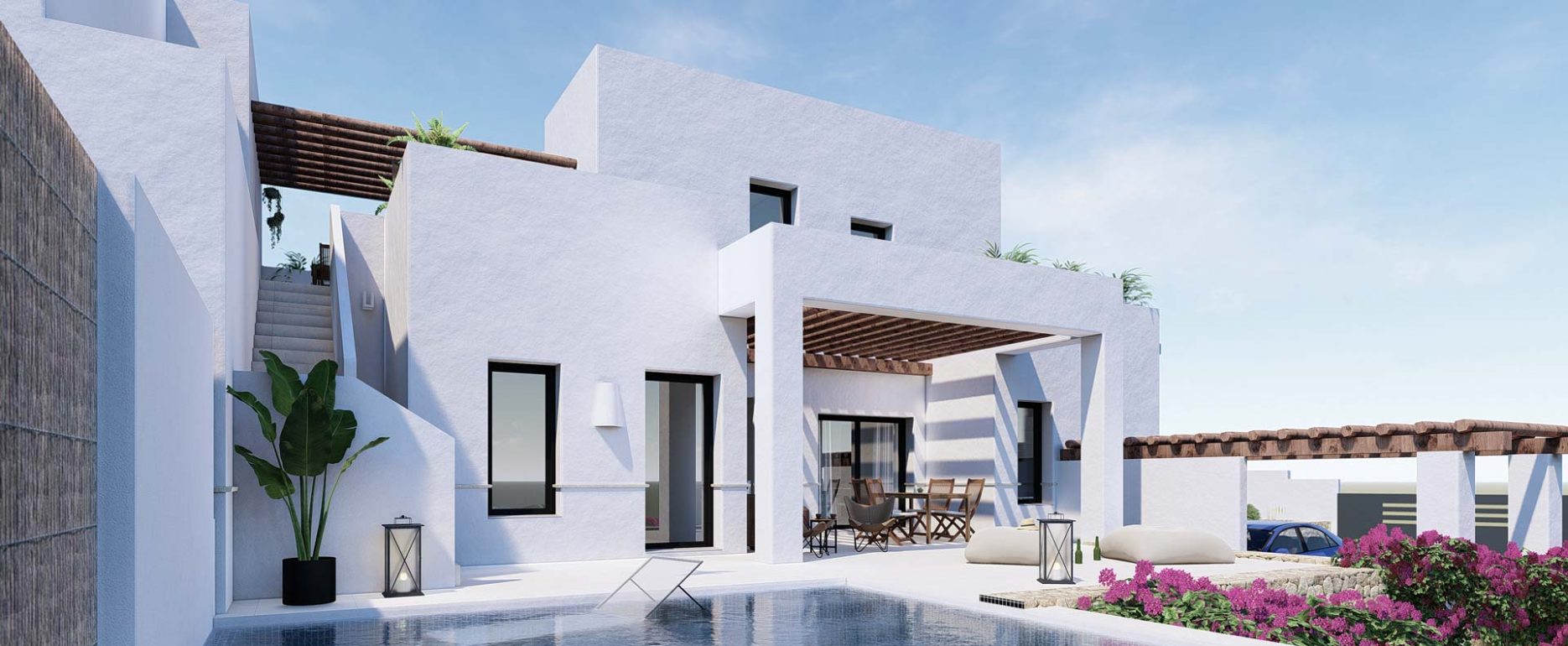 Render exterior de piscina en vivienda estilo ibicenco con piscina y muros de piedra. Por Rebel Capybara Studio.