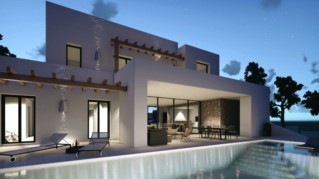 06-UNIFAMILIAR-LUJO-REBEL-CAPYBARA Render exterior nocturno de piscina en vivienda unifamiliar estilo ibicenco con pergolas de madera. Por Rebel Capybara Studio.