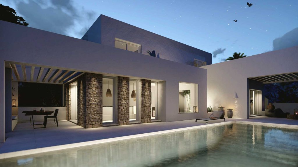 06-UNIFAMILIAR-MORAIRA-REBEL-CAPYBARA Render exterior nocturno de piscina en vivienda unifamiliar estilo ibicenco con pergolas y muros de piedra. Por Rebel Capybara Studio.