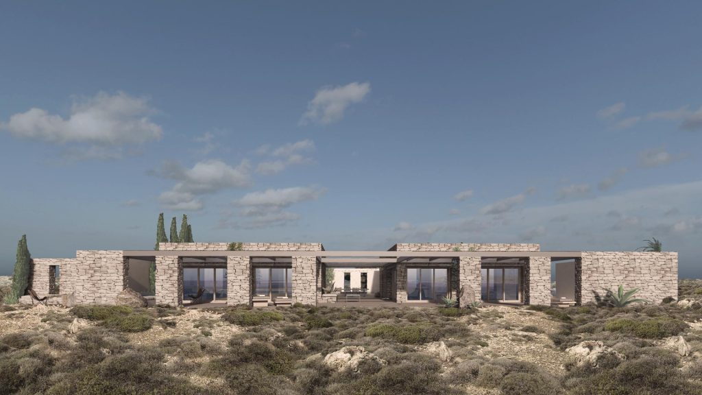 06-VILLA-GRIEGA-REBEL-CAPYBARA Render exterior de villa moderna griega con cipreses. Por Rebel Capybara Studio.