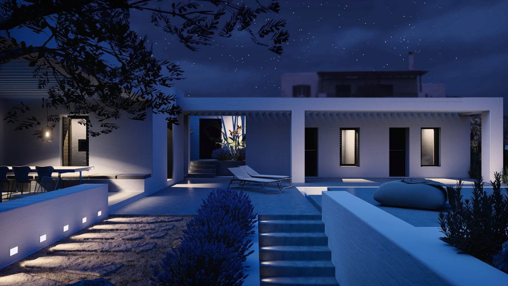 06-VILLA-MEDITERRANEA-REBEL-CAPYBARA Render nocturno exterior de villa griega blanca. Por Rebel Capybara Studio.
