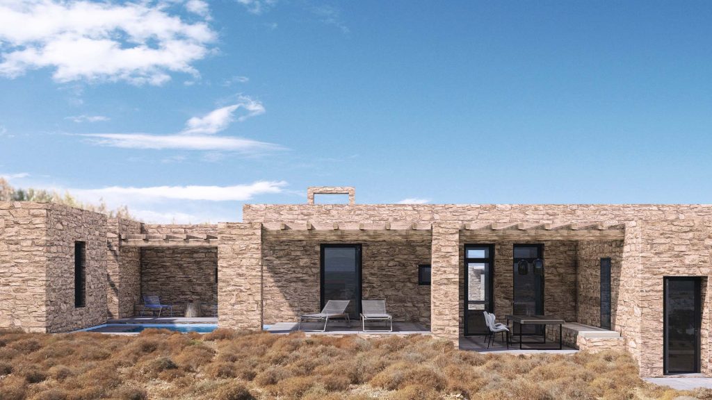 06-VILLA-MONTE-REBEL-CAPYBARA Render exterior de piscina y terraza pergolada en villa griega en piedra. Por Rebel Capybara Studio.