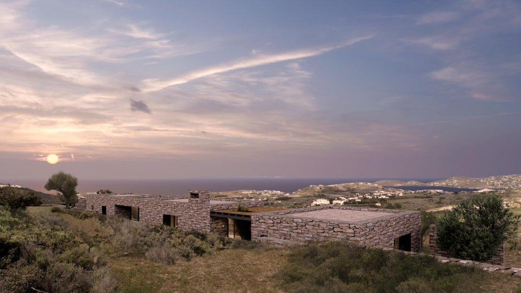 06-VILLA-PIEDRA-REBEL-CAPYBARA Render exterior de villa griega en piedra, integrada en entorno, con vegetación de secano. Por Rebel Capybara Studio.