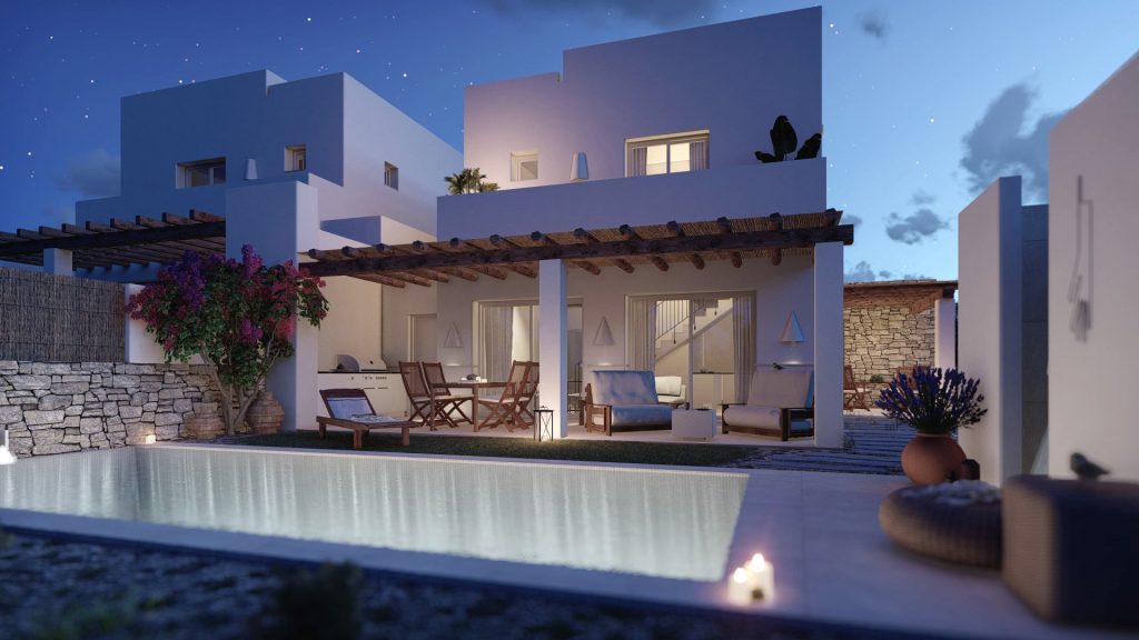 06-VIVIENDA-UNIFAMILIAR-REBEL-CAPYBARA Render exterior nocturn para promoción inmobiliaria de vivienda estilo ibicenco con piscina. Por Rebel Capybara Studio.