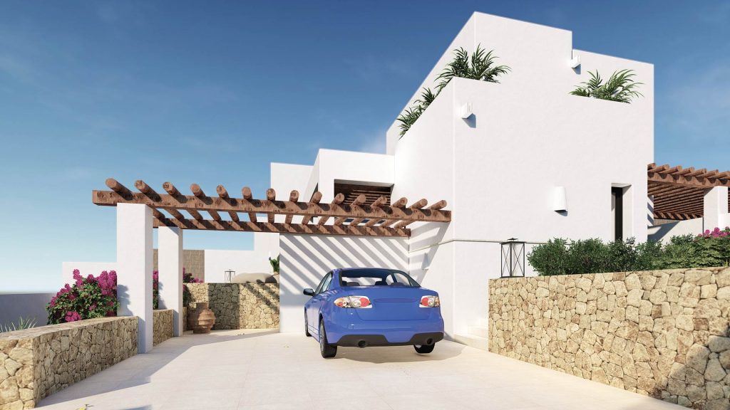 07-PAREADO-MEDITERRANEO-REBEL-CAPYBARA Render exterior para promoción inmobiliaria de vivienda estilo ibicenco con piscina y muros de piedra. Por Rebel Capybara Studio.