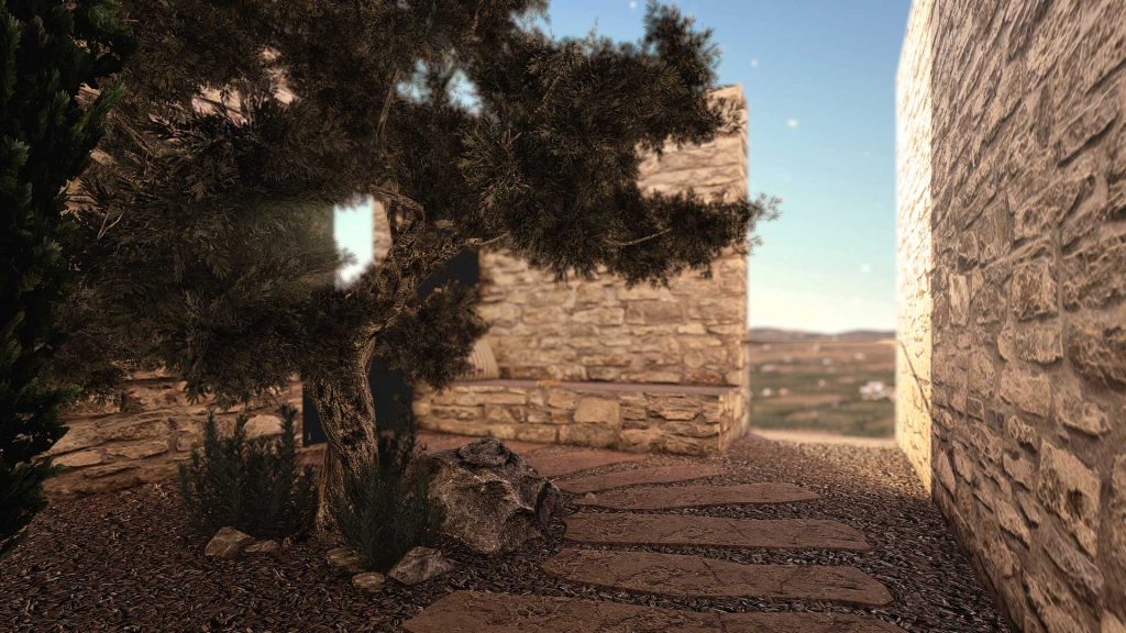 07-VILLA-MONTE-REBEL-CAPYBARA Render exterior de patio de acceso con paredes de piedra y un olivo en el centro. Por Rebel Capybara Studio.