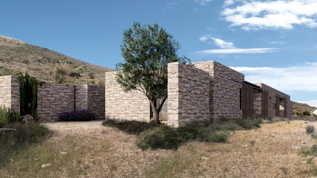 07-VILLA-PIEDRA-REBEL-CAPYBARA Render exterior de villa griega en piedra, integrada en entorno, con vegetación de secano. Por Rebel Capybara Studio.