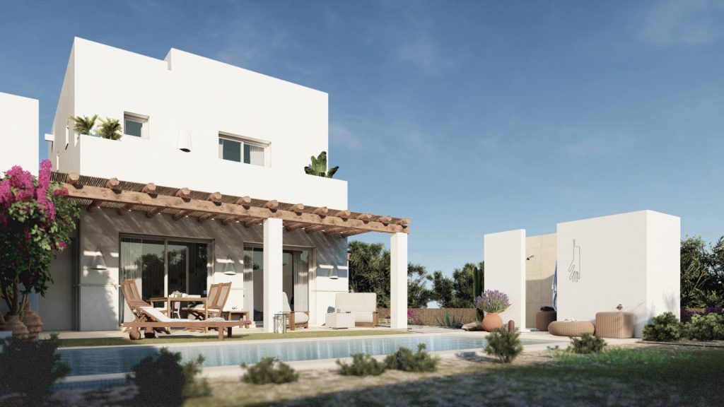 07-VIVIENDA-UNIFAMILIAR-REBEL-CAPYBARA Render exterior para promoción inmobiliaria de vivienda estilo ibicenco con piscina. Por Rebel Capybara Studio.