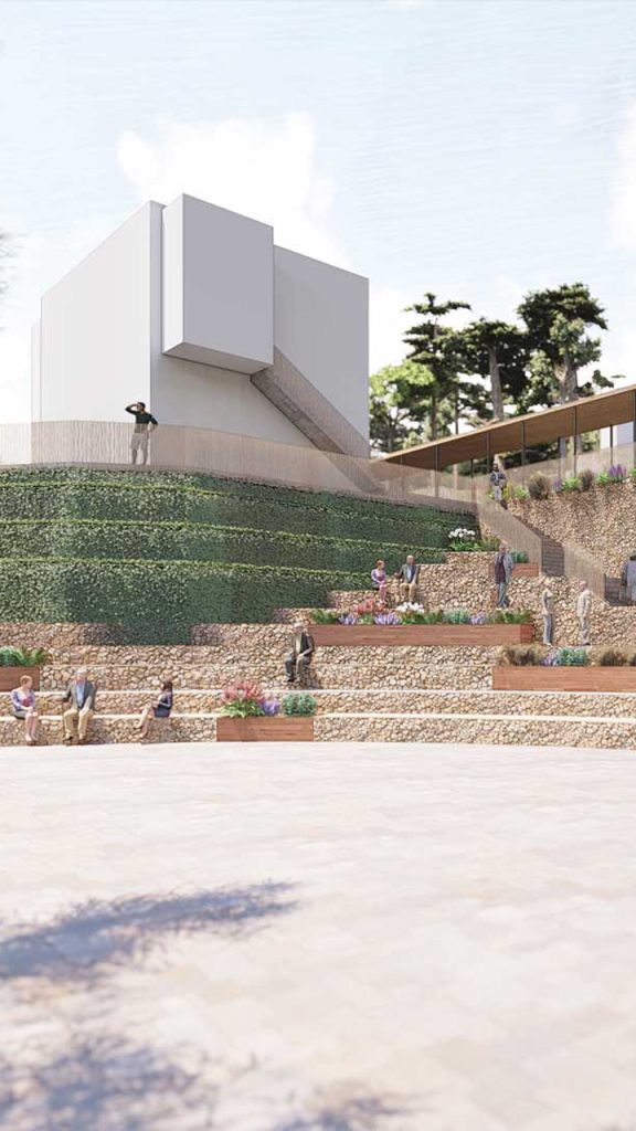 CONCURSO-ARQUITECTURABALNEARIO-REBEL-CAPYBARA-RESP Render exterior plaza escalonada en balneario de cofrentes. Por Rebel Capybara Studio.