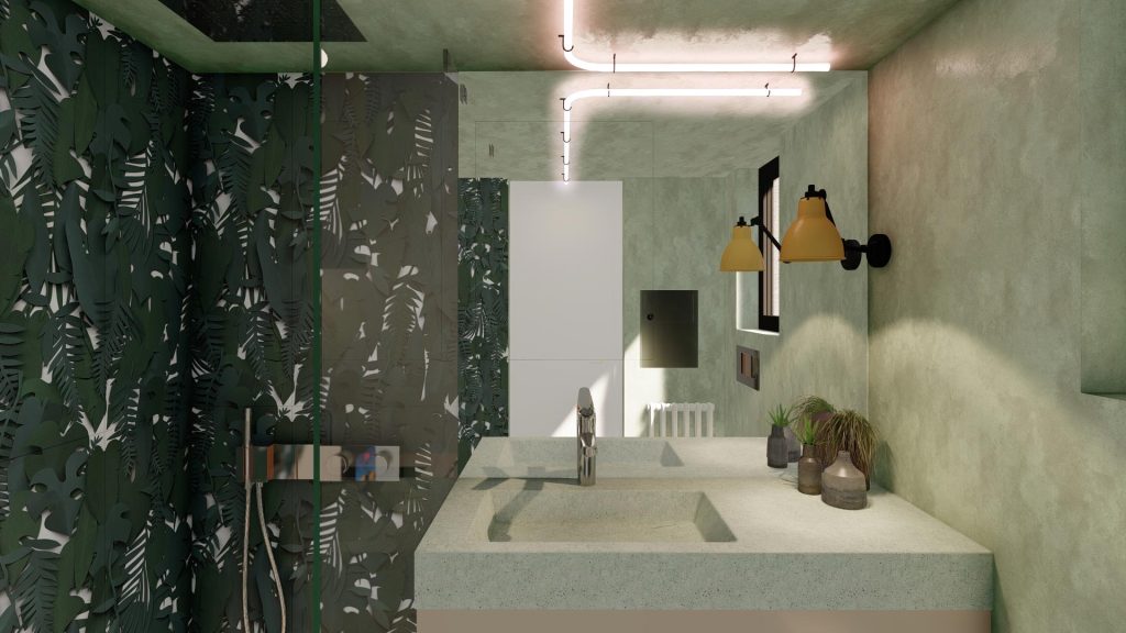 DESIGN-ASEO-REBEL-CAPYBARA Render interior de baño, con diseño de interiores en tonos verdes. Por Rebel Capybara Studio.