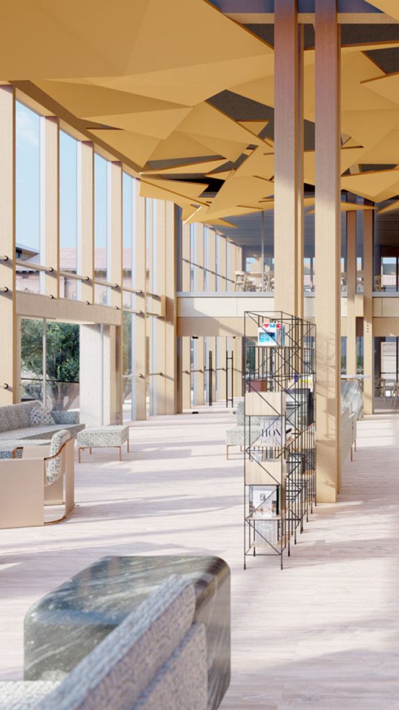 RENDER-DOTACIONAL-INTERIOR-REBEL-CAPYBARA-RESP Render interior recepción de una biblioteca, con paredes y estructura de madera y paneles coloridos. Por Rebel Capybara Studio.