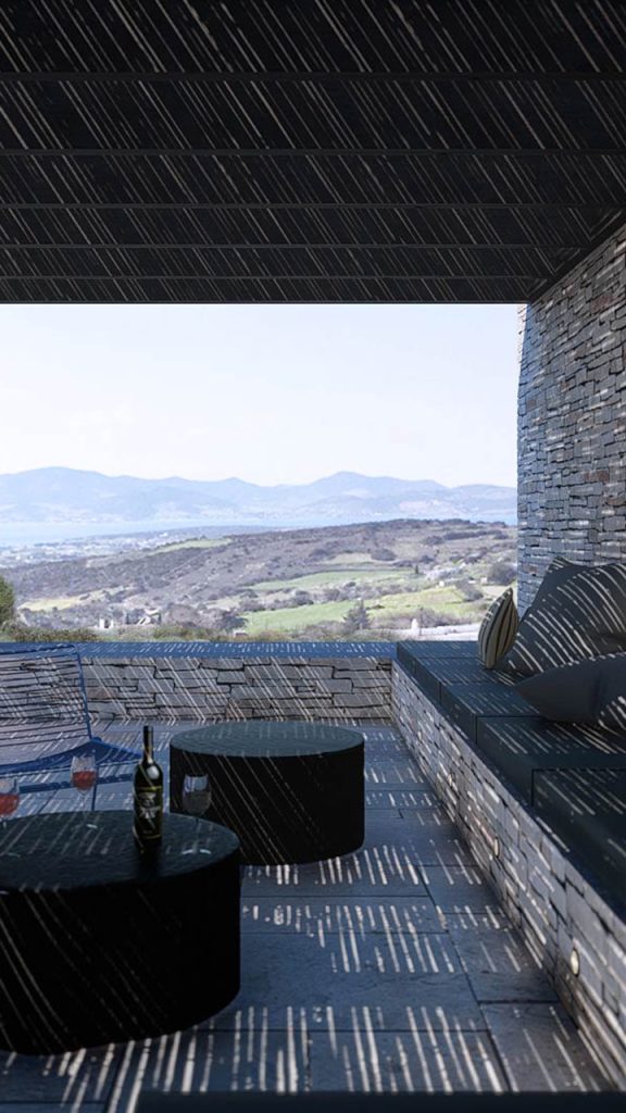 RENDER-VILLA-GRIEGA-REBEL-CAPYBARA-RESP Render exterior de terraza villa griega con vistas al mar y paredes de piedra. Por Rebel Capybara Studio.