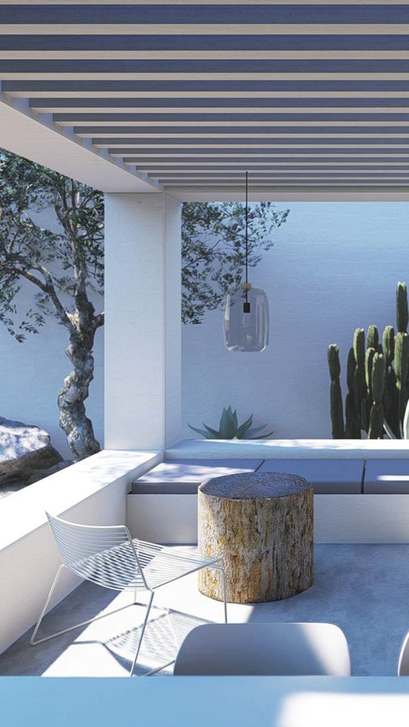 RENDER-VILLA-PORCHE-REBEL-CAPYBARA-RESP Render exterior de terraza villa griega con vistas al mar. Por Rebel Capybara Studio.