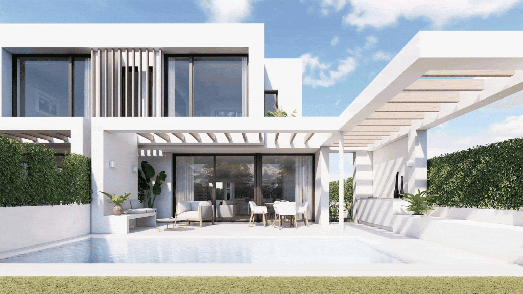 TIPOLOGIAS-PERGOLA-REBEL-CAPYBARA Render exterior para promoción inmobiliaria de vivienda estilo ibicenco con piscina. Por Rebel Capybara Studio.