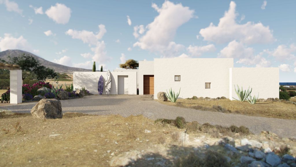 VILLA-GRIEGA-ACCESO-REBEL-CAPYBARA Render exterior de fachada blanca de villa griega. Por Rebel Capybara Studio.