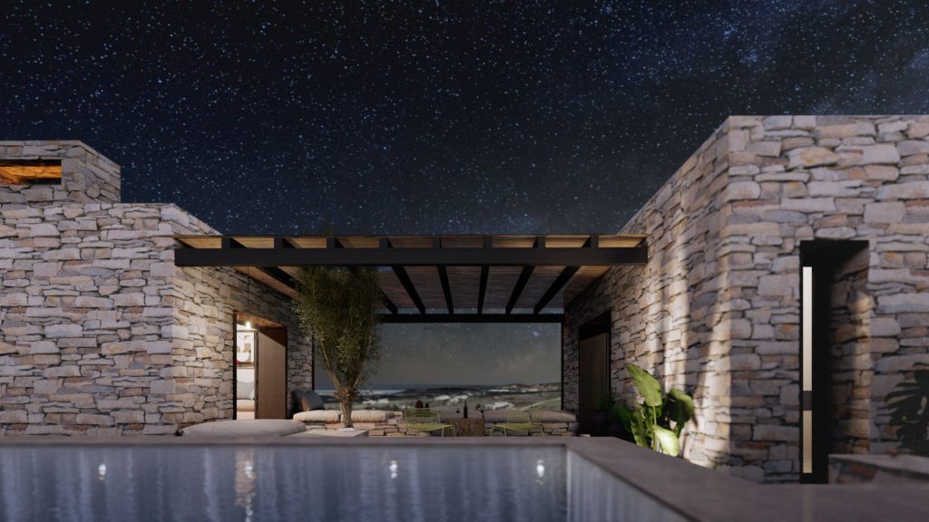 VILLA-NOCHE-REBEL-CAPYBARA Render nocturno exterior de villa griega en piedra. Por Rebel Capybara Studio.