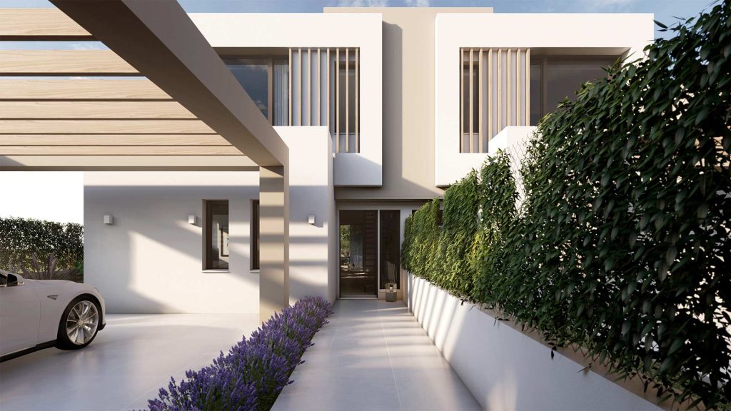 VIVIENDA-ACCESO-CONCURSO-REBEL-CAPYBARA Render exterior para promoción inmobiliaria de viviendas pareadas con piscina. Por Rebel Capybara Studio.