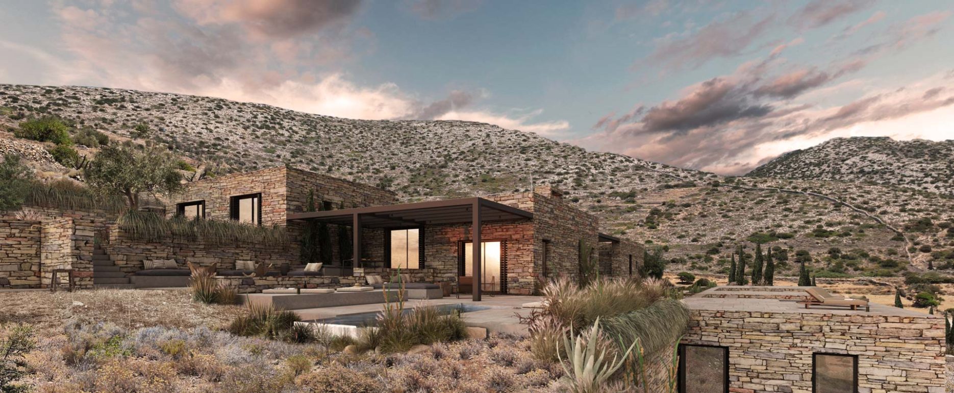 Render al atardecer de patio en villa griega, integrada de en entorno. Por Rebel Capybara Studio.